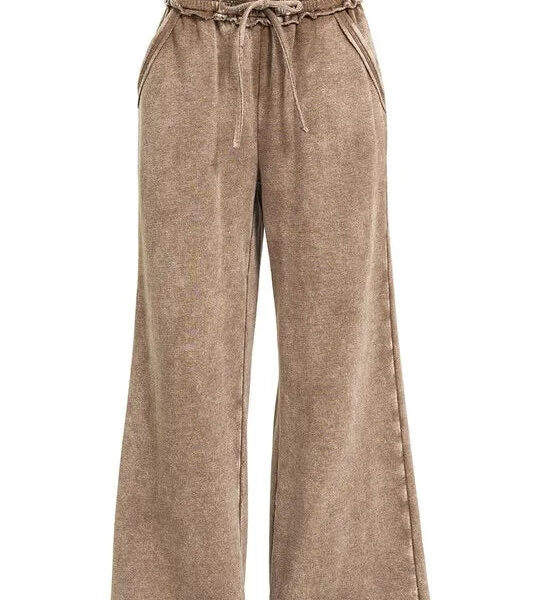 Acid Wash Fleece Palazzo Sweatpants with Pockets
