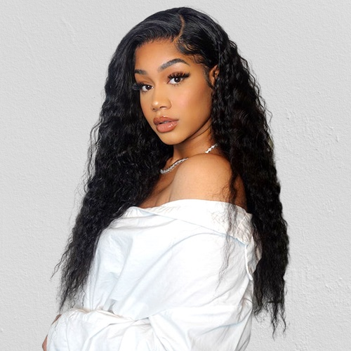 Cranberry Natural Black Flowy Bohemian Curly 13x4 Frontal Lace C Part Long Wig 100% Human Hair