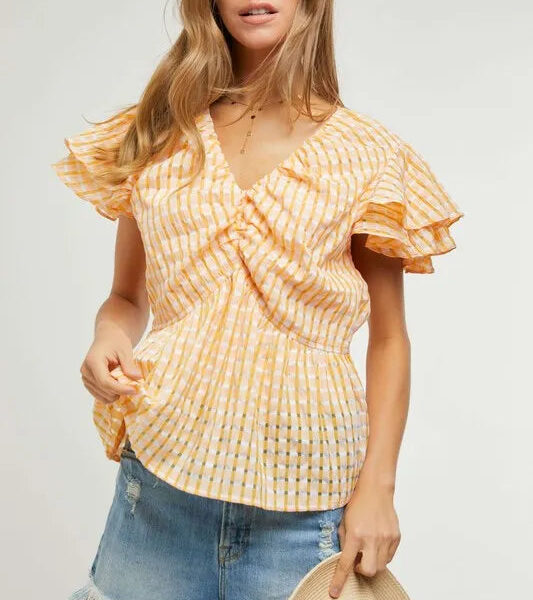 Shirring V-Neck Ruffle Gingham Plaid Printed Top