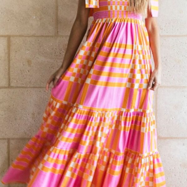 Chic Pink Color Block Dress with Trendy Tie Shoulder Details