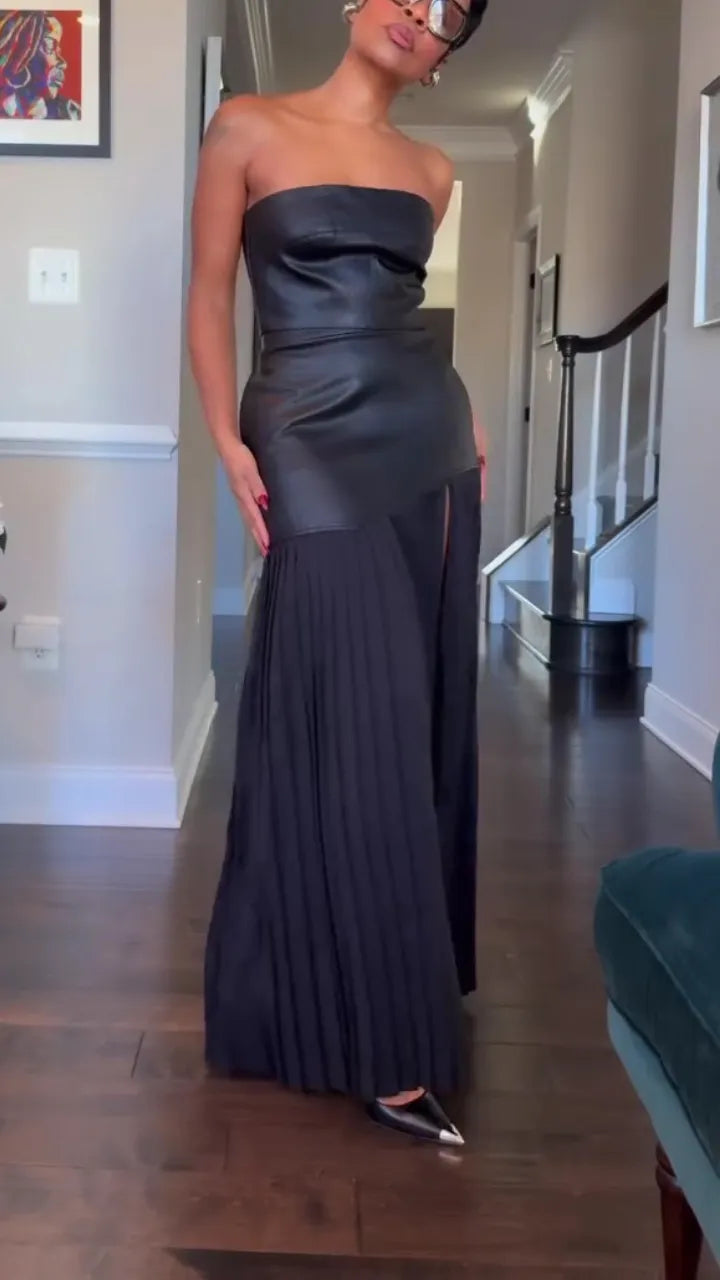 Deka™ -Leather Top and Pleated Skirt Set - onlinemegasale.com