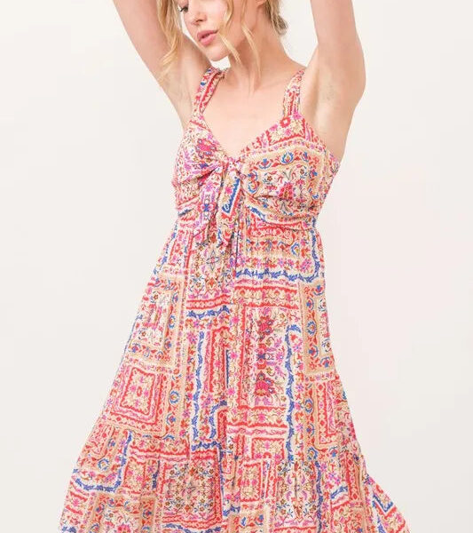 Tied Front Smocked Back Tiered Boho Printed Dress