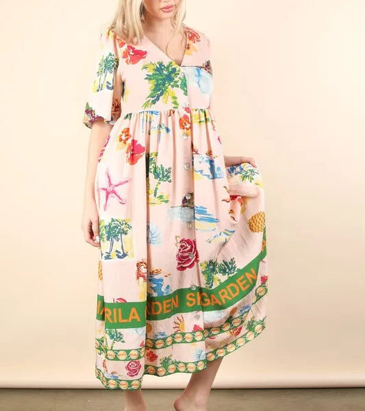Button Down Printed Midi Dress