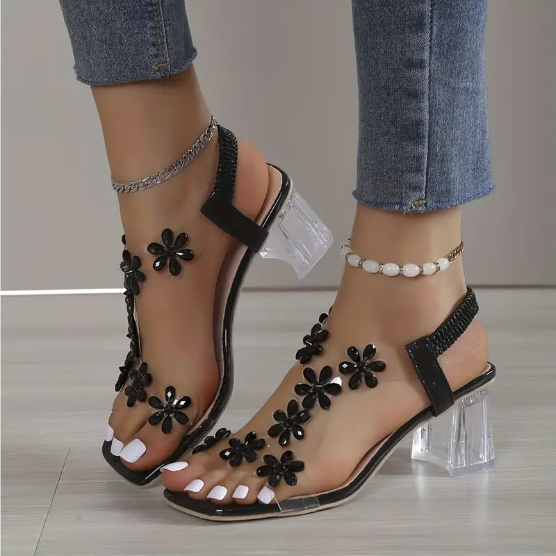 🔥Last Day Promotion 50% OFF - Women's Flower Rhinestone Block Heel Sandals - onlinemegasale.com