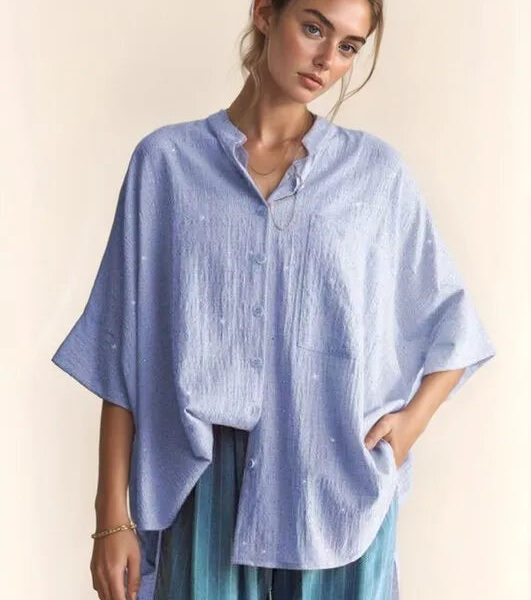 Rhinestone Pleat Back Short Sleeve Loose Fit Shirt