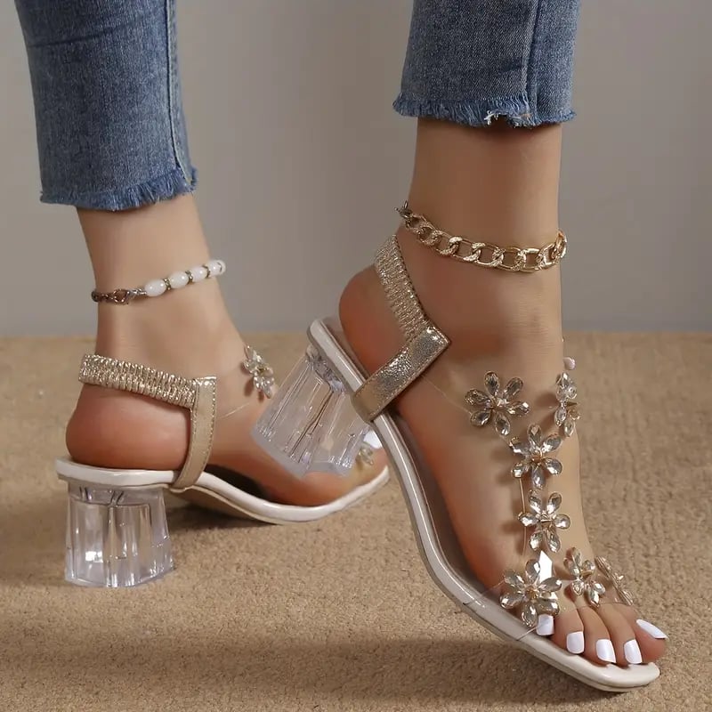 🔥Last Day Promotion 50% OFF - Women's Flower Rhinestone Block Heel Sandals - onlinemegasale.com