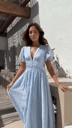 Rustic V Neck Button Zip Pleated Slit Puff Sleeve Maxi Dress - onlinemegasale.com