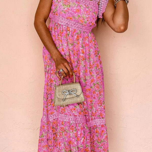 Floral Lace Wide Strap Square Neck Maxi Dress