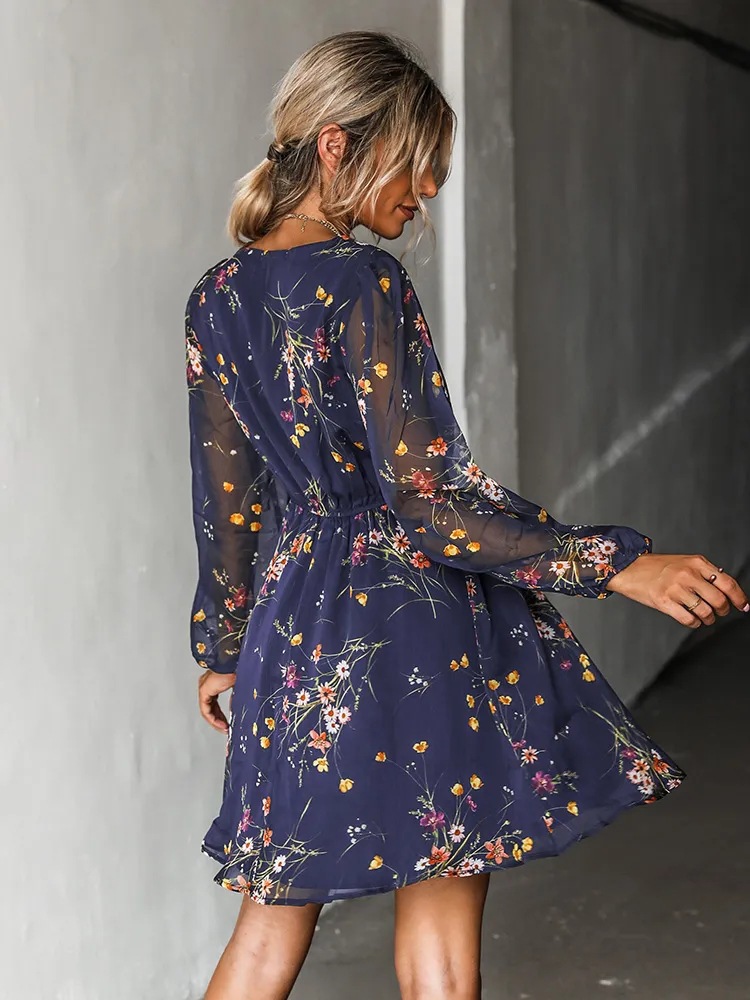 Dress V-neck elegant chiffon printed floral spring see-through skirt - onlinemegasale.com