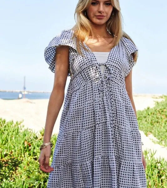 Jacquard V-Neck Flutter Cap Sleeve Tiered Dress
