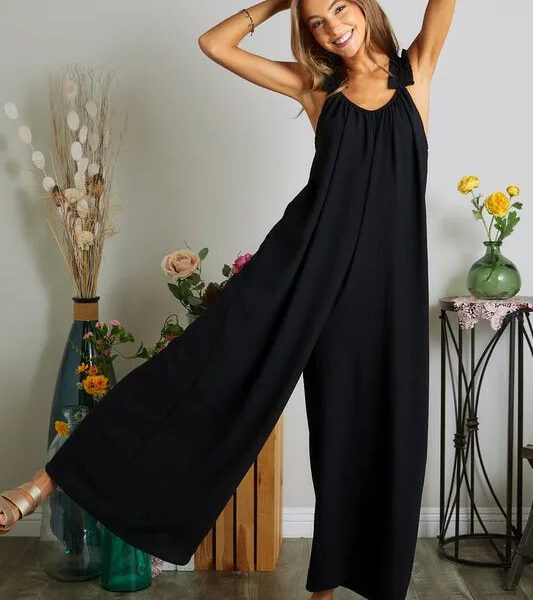 Elastic Ruffle Shoulder Jumpsuit
