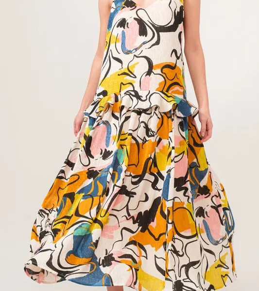 Ruffled Abstract Floral Printed Midi Cami Dress