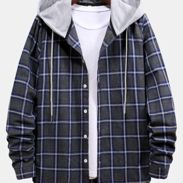 Button Up Drawstring Hooded Plaid Shirts