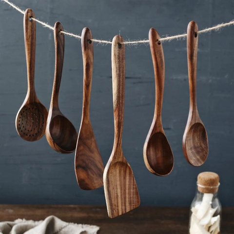 Handmade Teak Wooden Kitchen Utensils | 7 Sets - onlinemegasale.com