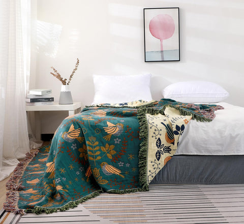Reversible Scandinavian Bird Blanket | 100% Cotton Blanket - onlinemegasale.com