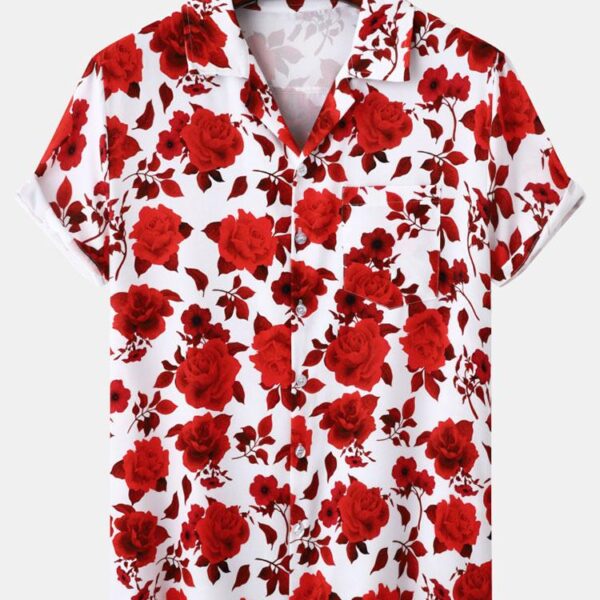 Red Floral Print Revere Collar Shirt