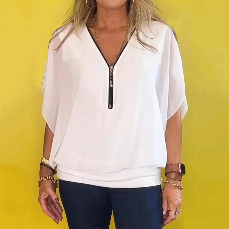 🩷Women's Chiffon Zip-up Neck Casual Top - onlinemegasale.com