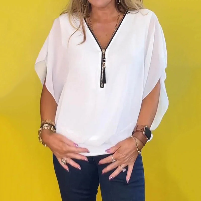 🩷Women's Chiffon Zip-up Neck Casual Top - onlinemegasale.com