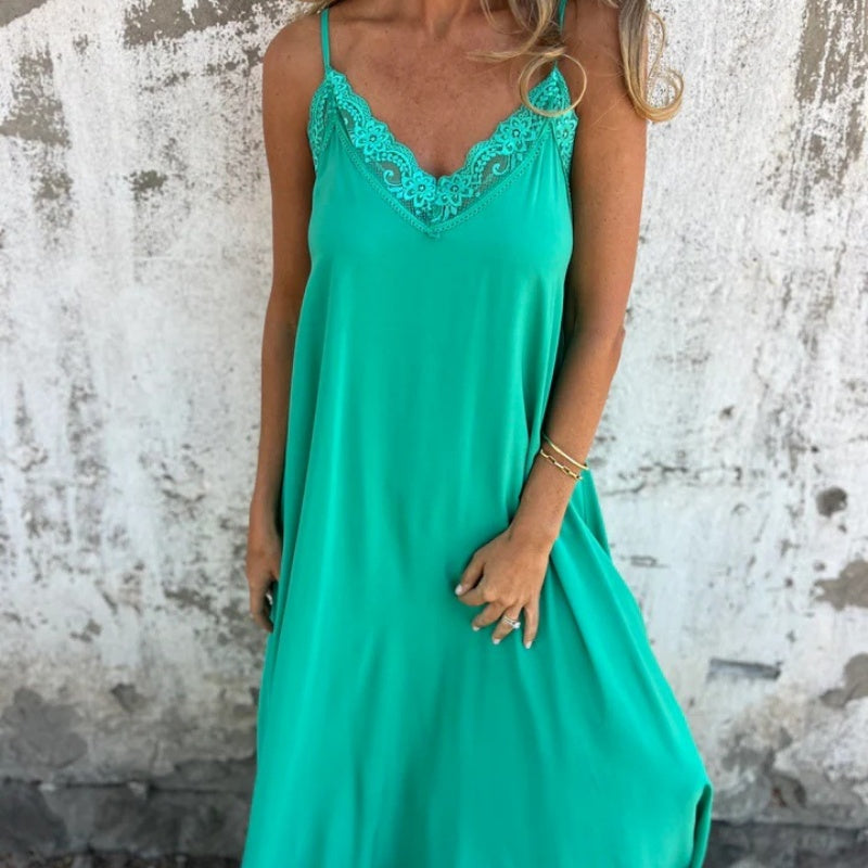 🌸Spring Specials💐 Women's Elegant Lace Trim V-Neck Spaghetti Strap Maxi Dress - onlinemegasale.com