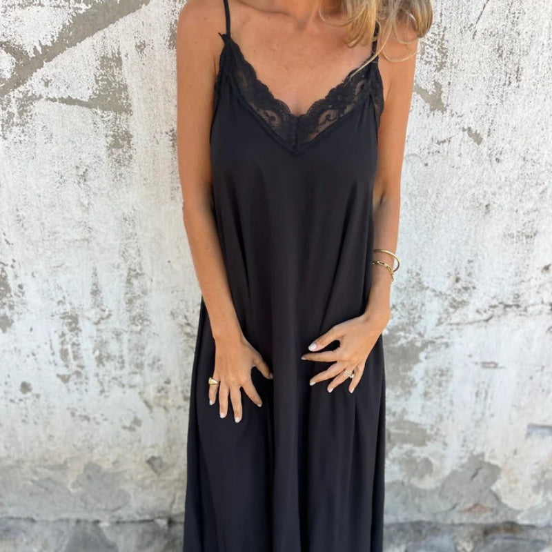 🌸Spring Specials💐 Women's Elegant Lace Trim V-Neck Spaghetti Strap Maxi Dress - onlinemegasale.com