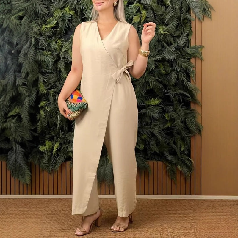💃Women's Solid Color Casual V-Neck Tied Jumpsuit - onlinemegasale.com