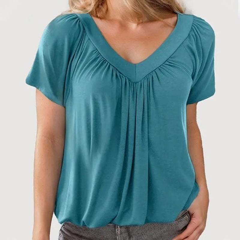 ✨ Hot Sale-50% Discount✨Women's Casual Pleated V-Neck Short-Sleeve Top - onlinemegasale.com