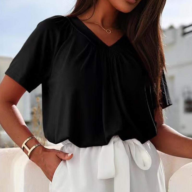 ✨ Hot Sale-50% Discount✨Women's Casual Pleated V-Neck Short-Sleeve Top - onlinemegasale.com