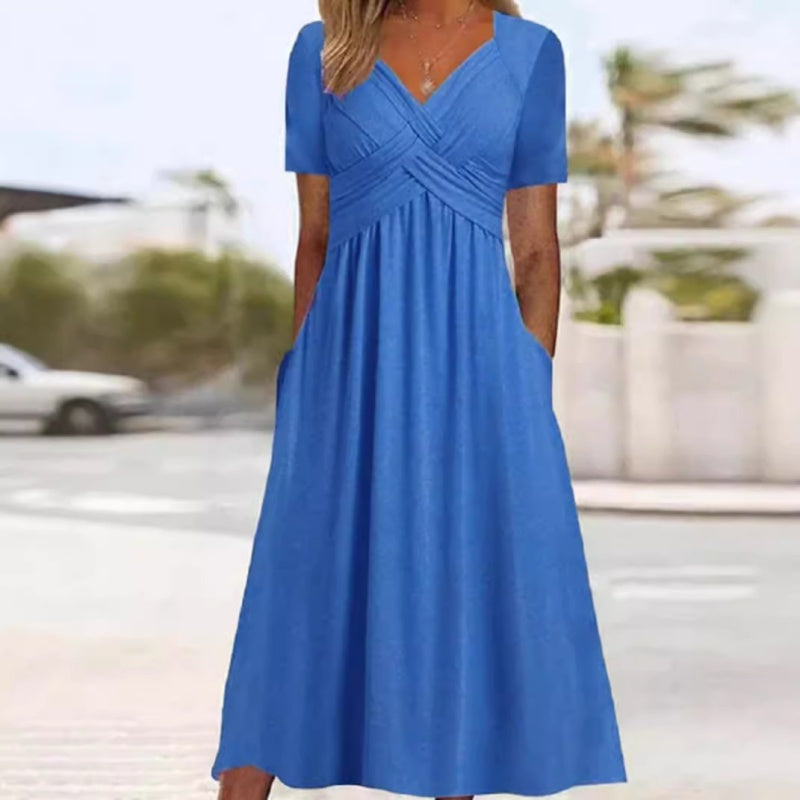 🍀LAST DAY SALE 50% OFF🍀Women’s V-Neck Short Sleeve Long Dresses - onlinemegasale.com