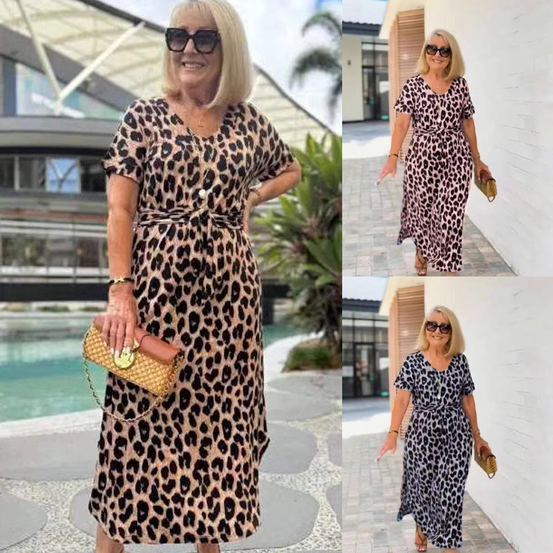 🌸2025 Hot Sale🌸Women's Leopard V-Neck Long Dress with Belt - onlinemegasale.com