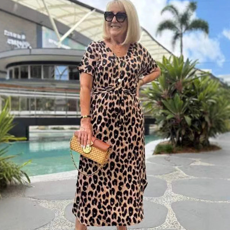 🌸2025 Hot Sale🌸Women's Leopard V-Neck Long Dress with Belt - onlinemegasale.com