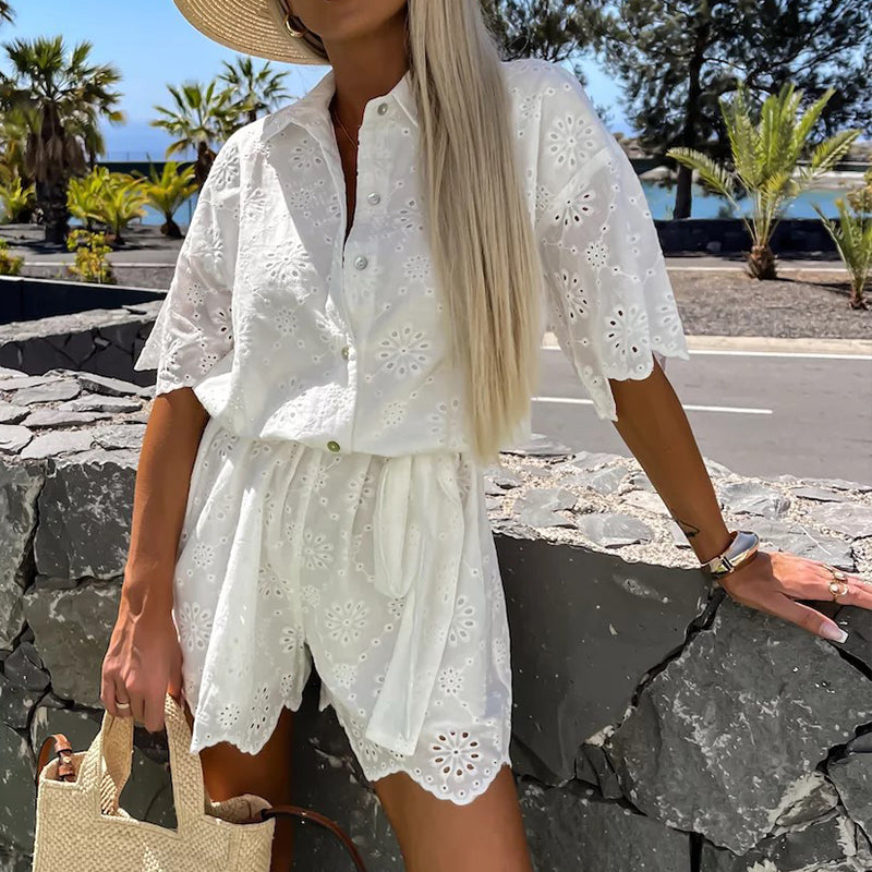Chic Embroidered Lace Flowers Button Up Belted Shirt Romper - onlinemegasale.com