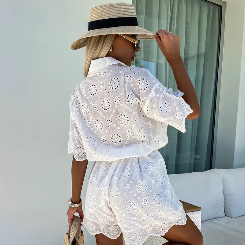 Chic Embroidered Lace Flowers Button Up Belted Shirt Romper - onlinemegasale.com