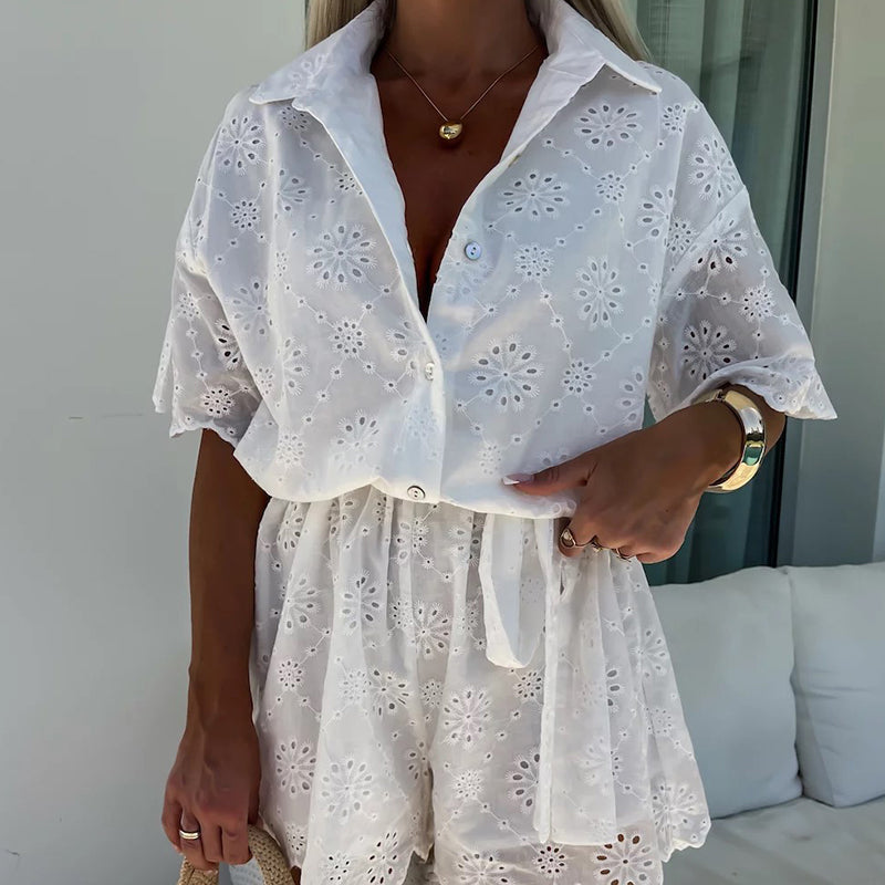 Chic Embroidered Lace Flowers Button Up Belted Shirt Romper - onlinemegasale.com