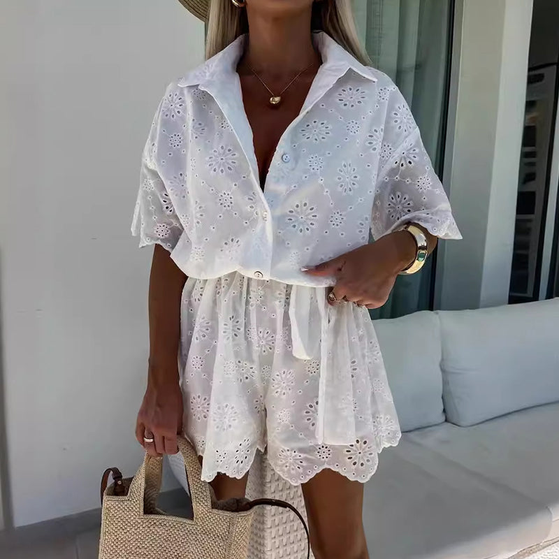 Chic Embroidered Lace Flowers Button Up Belted Shirt Romper - onlinemegasale.com