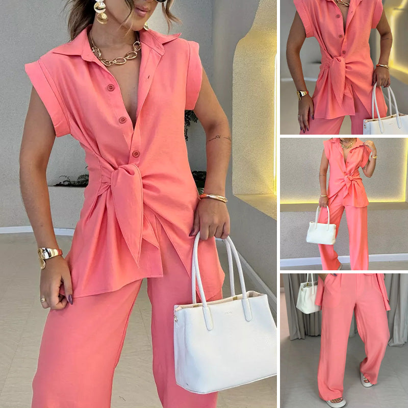 Elegant Waisted Top & Casual Pants Set - onlinemegasale.com Elegant Waisted Top & Casual Pants Set - onlinemegasale.com