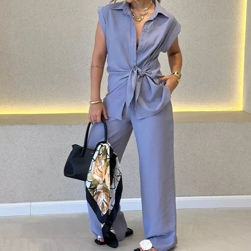 Elegant Waisted Top & Casual Pants Set - onlinemegasale.com Elegant Waisted Top & Casual Pants Set - onlinemegasale.com