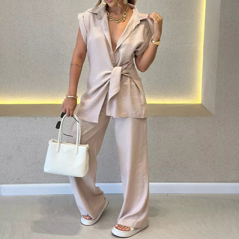 Elegant Waisted Top & Casual Pants Set - onlinemegasale.com Elegant Waisted Top & Casual Pants Set - onlinemegasale.com