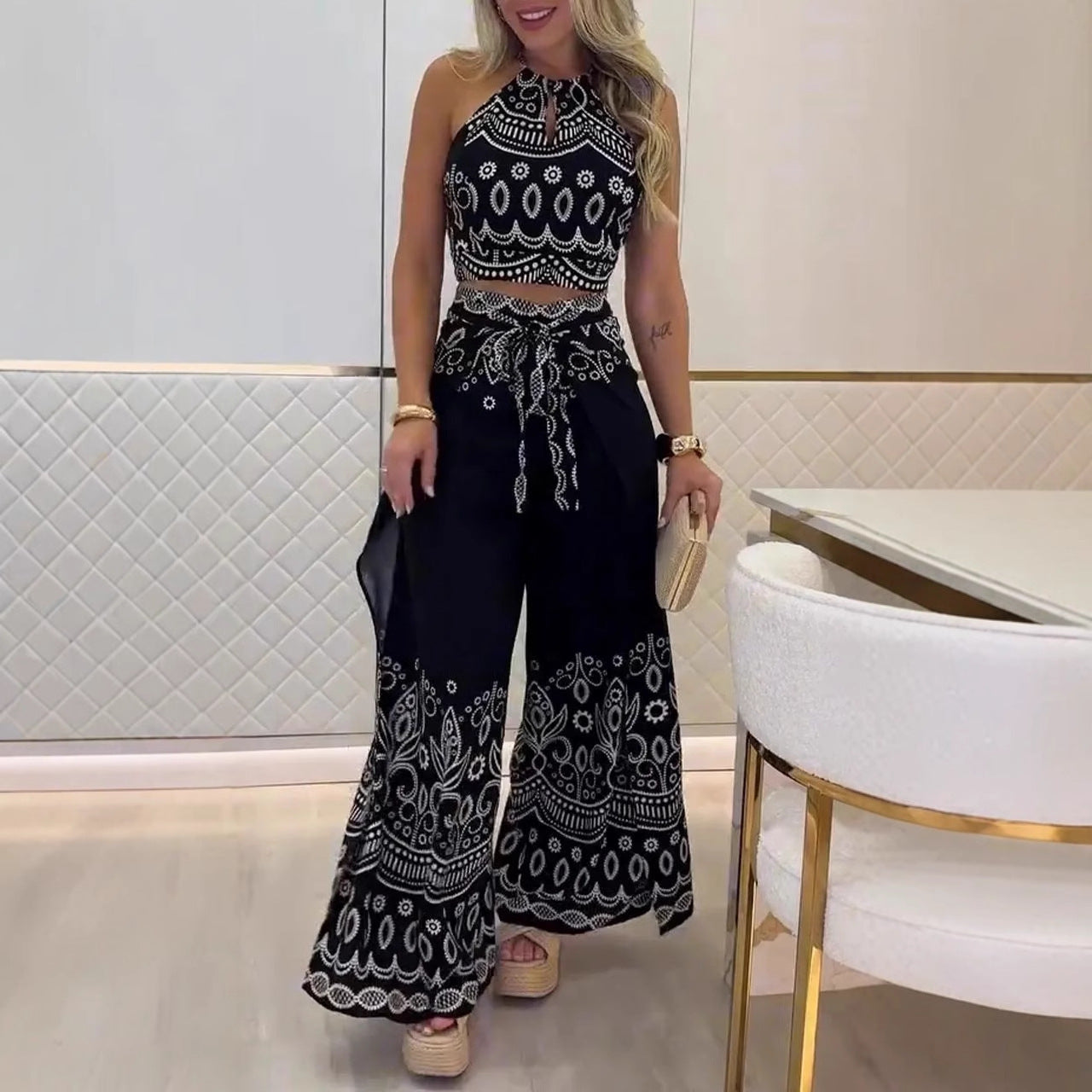 Women's Retro Pattern Ethnic Halter Sleeveless Top Wide Leg Pants Set - onlinemegasale.com