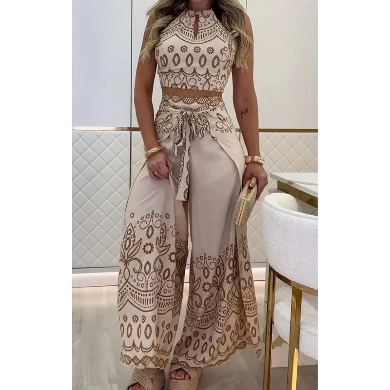Women's Retro Pattern Ethnic Halter Sleeveless Top Wide Leg Pants Set - onlinemegasale.com