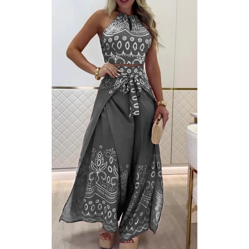 Women's Retro Pattern Ethnic Halter Sleeveless Top Wide Leg Pants Set - onlinemegasale.com