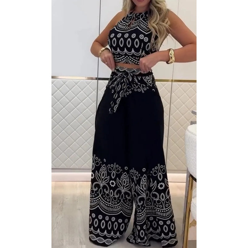 Women's Retro Pattern Ethnic Halter Sleeveless Top Wide Leg Pants Set - onlinemegasale.com