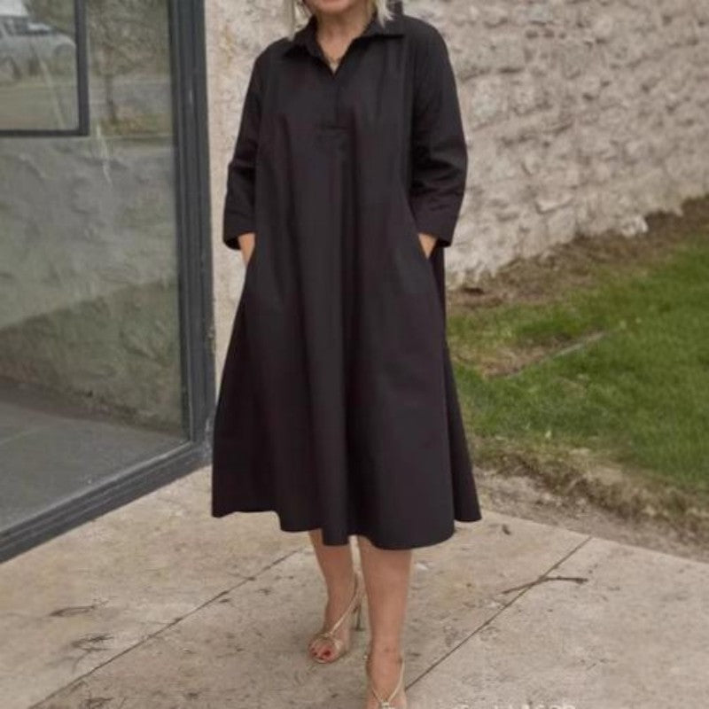 Women's Casual Solid Color Dress with Convenient Pockets - onlinemegasale.com