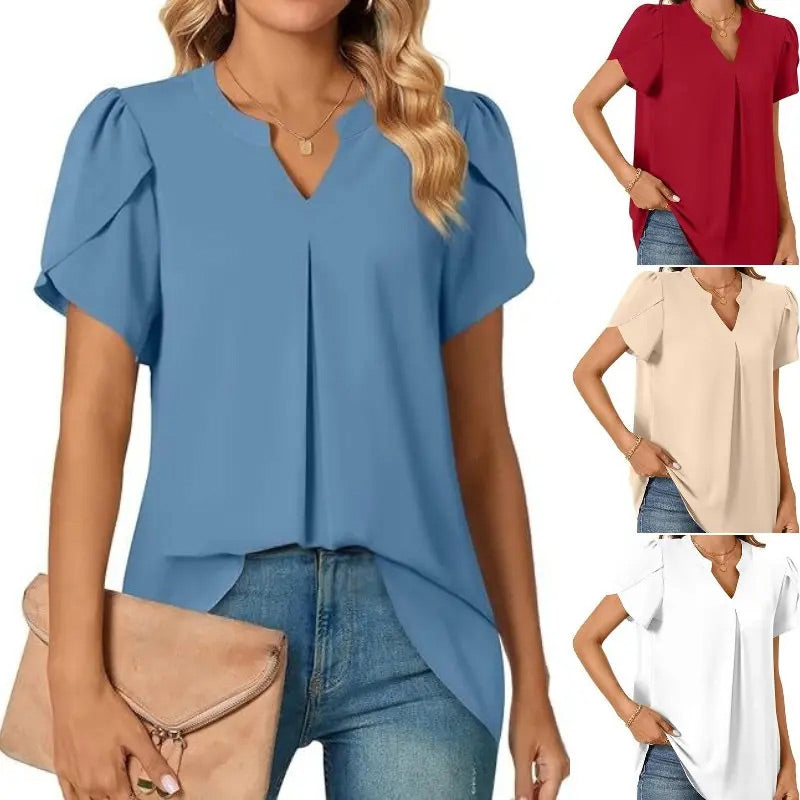 💖HOT SALE 50% OFF💖Women's V-Neck Solid Color Short Sleeve Top - onlinemegasale.com
