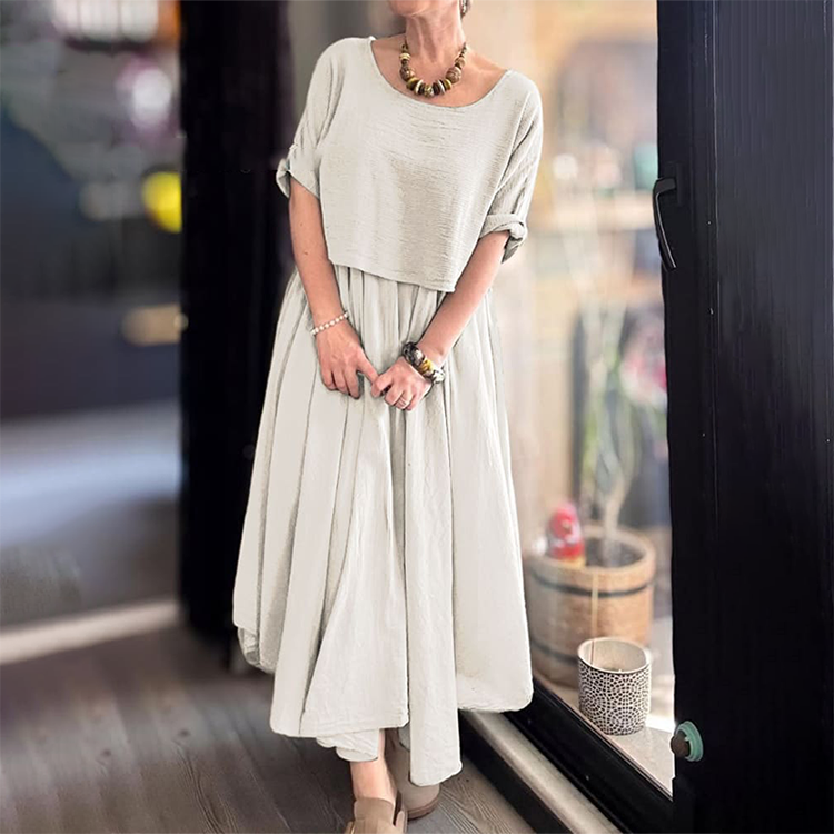 Women's Round Neck Loose Top & Long Skirt Set - onlinemegasale.com