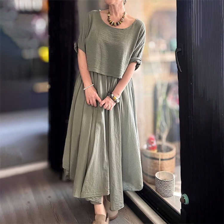 Women's Round Neck Loose Top & Long Skirt Set - onlinemegasale.com
