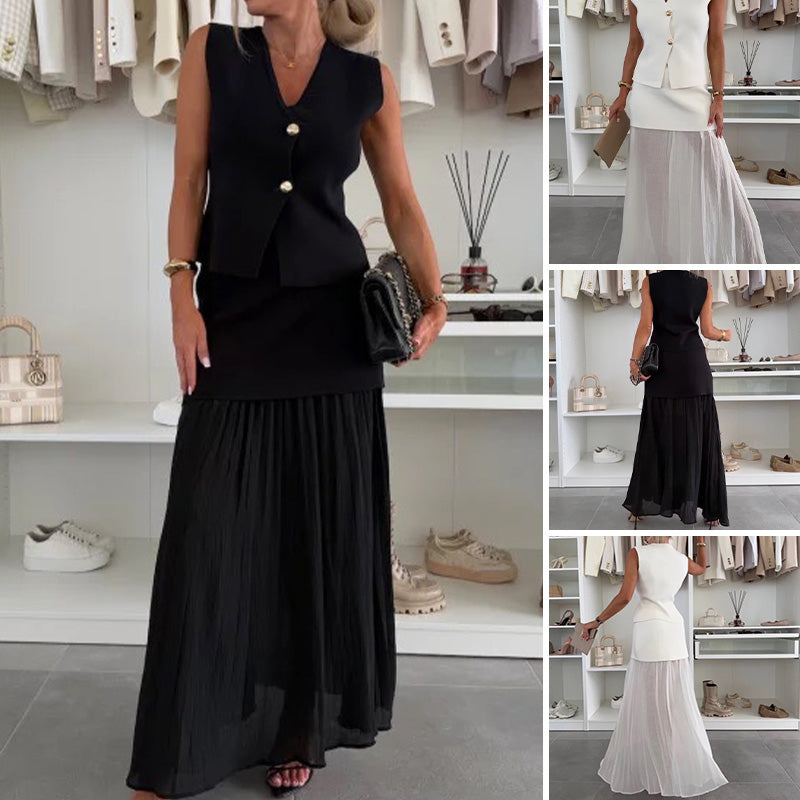 Women's Gold Buttons Knitted Vest & Skirt Set - onlinemegasale.com