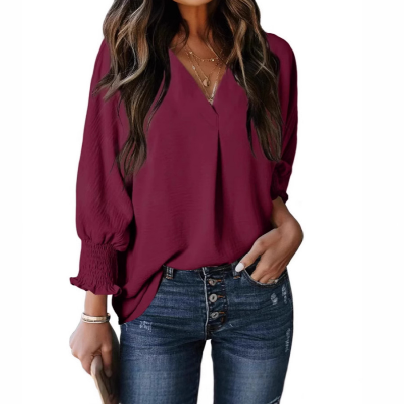 V-Neck Casual 3/4 Sleeve Loose Shirt - onlinemegasale.com