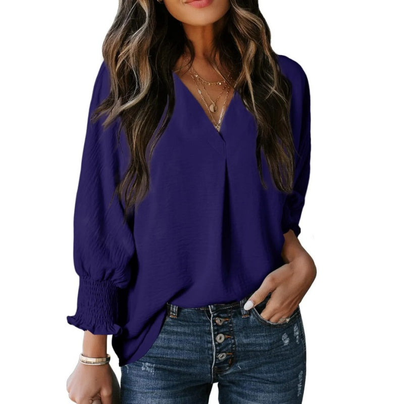 V-Neck Casual 3/4 Sleeve Loose Shirt - onlinemegasale.com