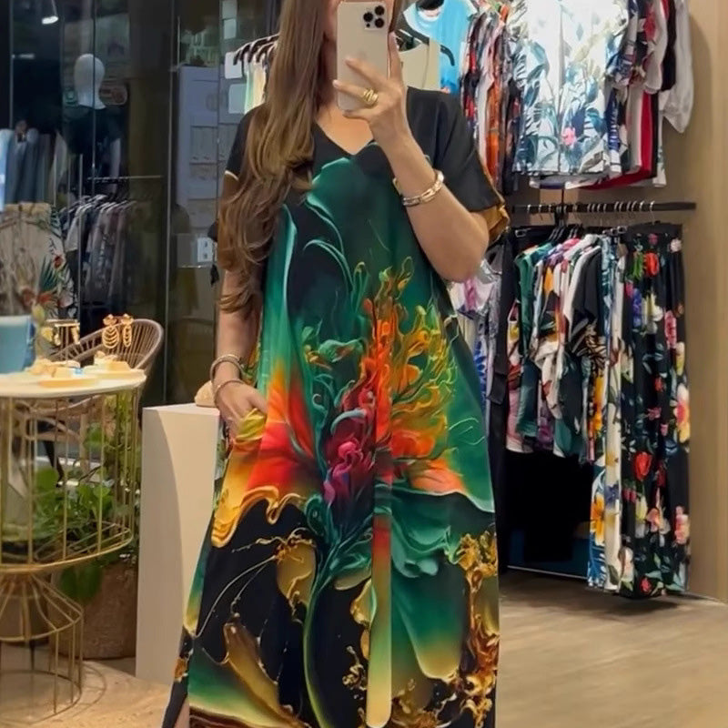 🌴Summer Specials SALE 50% OFF🌴Women's Loose Casual V-Neck Printed Short Sleeve Dresses - onlinemegasale.com