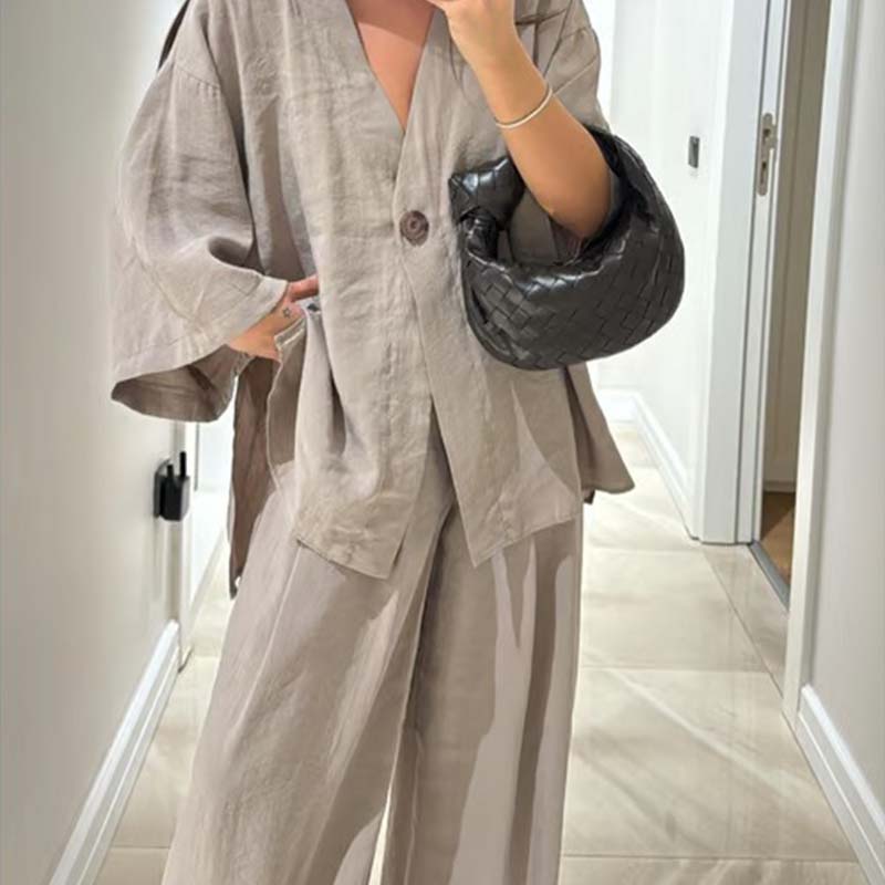 Women's V-Neck Top & Wide-Leg Pants Solid Color 2-Piece Set - onlinemegasale.com